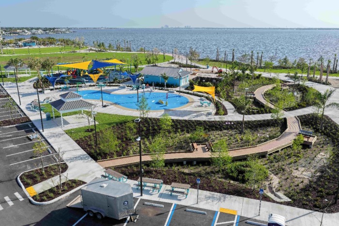 Jaycee Park aerial, showing the playground, splashpad, and boardwalk